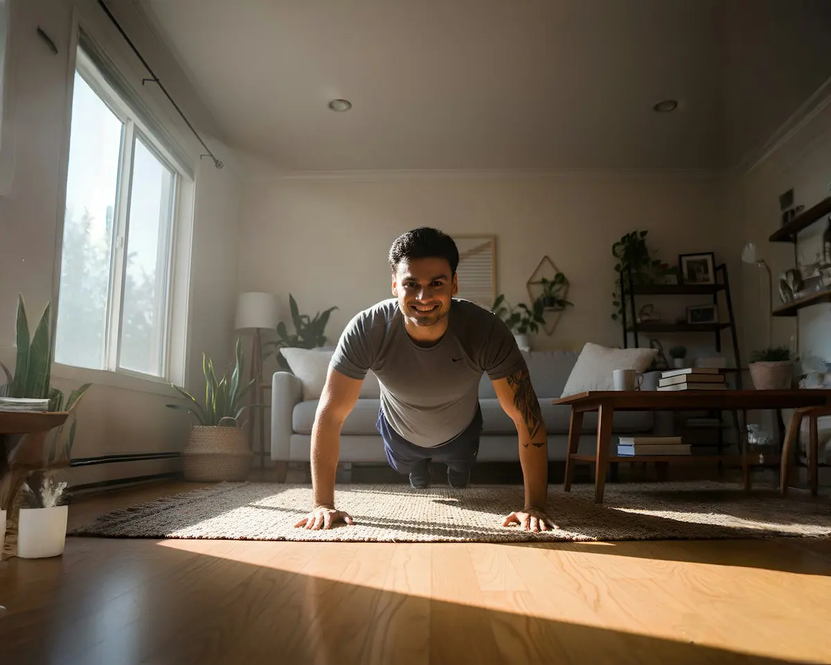 Homme faisant des pompes dans un salon ensoleillé