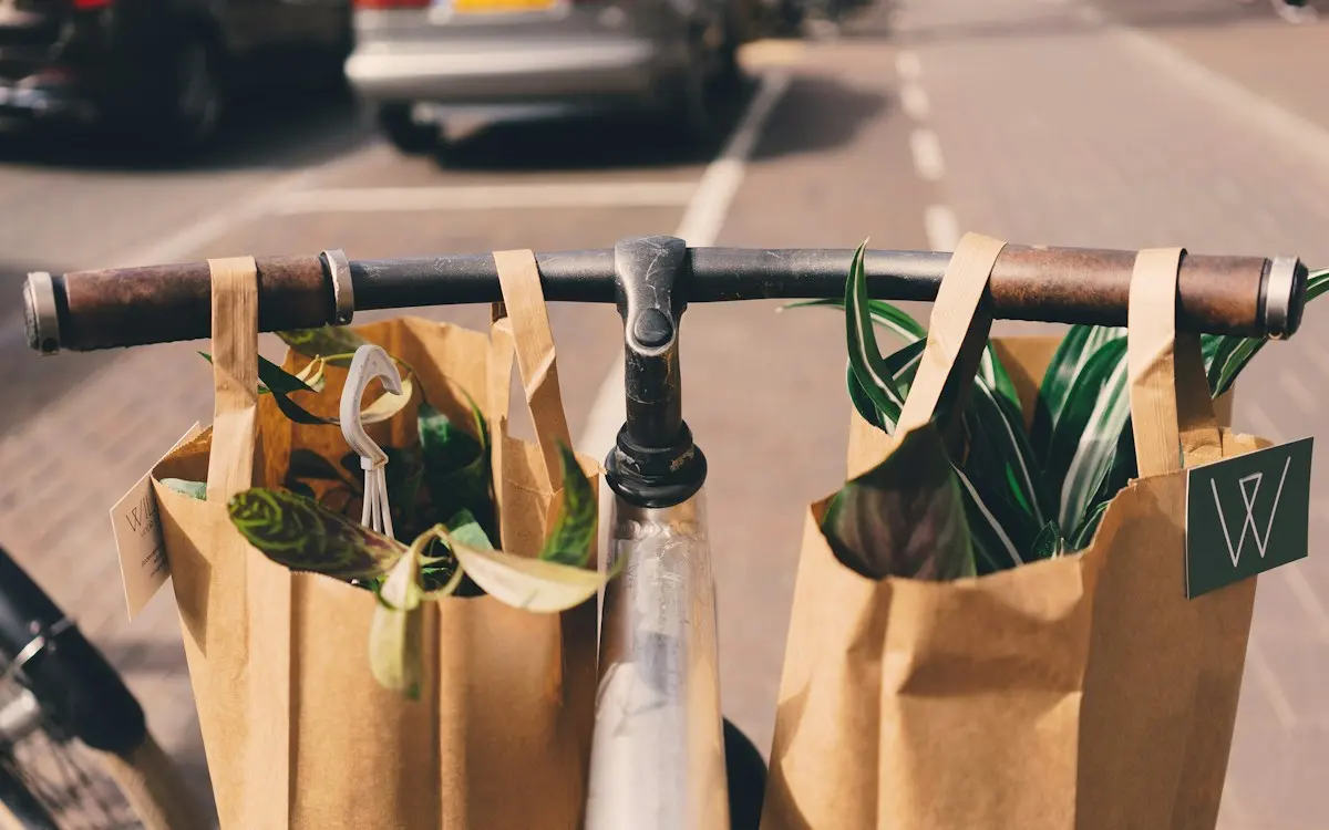 Sacs de courses en papier accrochés à un vélo