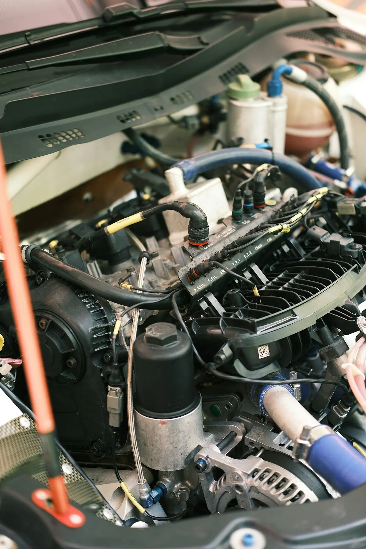 Moteur de voiture, capot ouvert