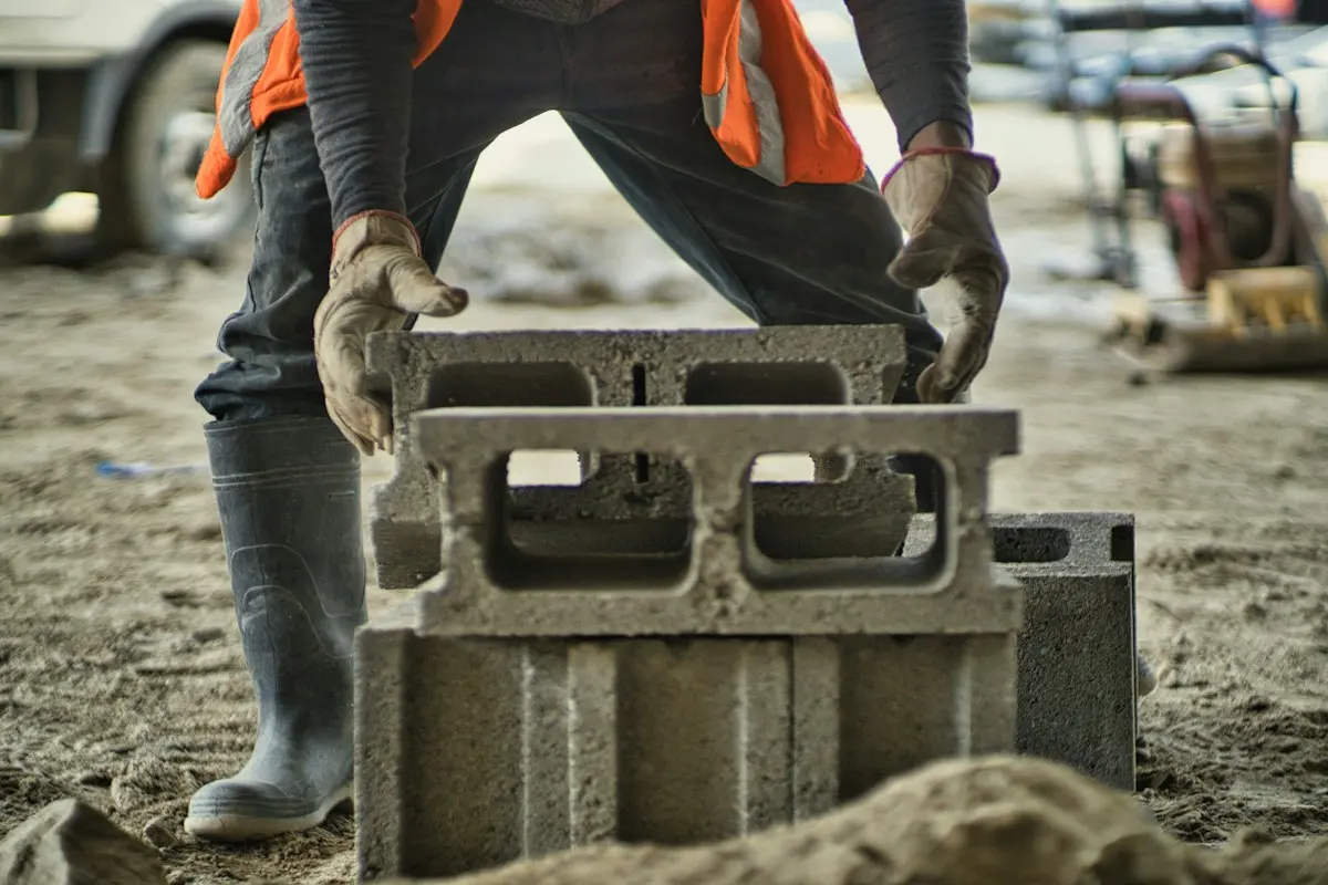 Maçon posant un parpaing sur un chantier