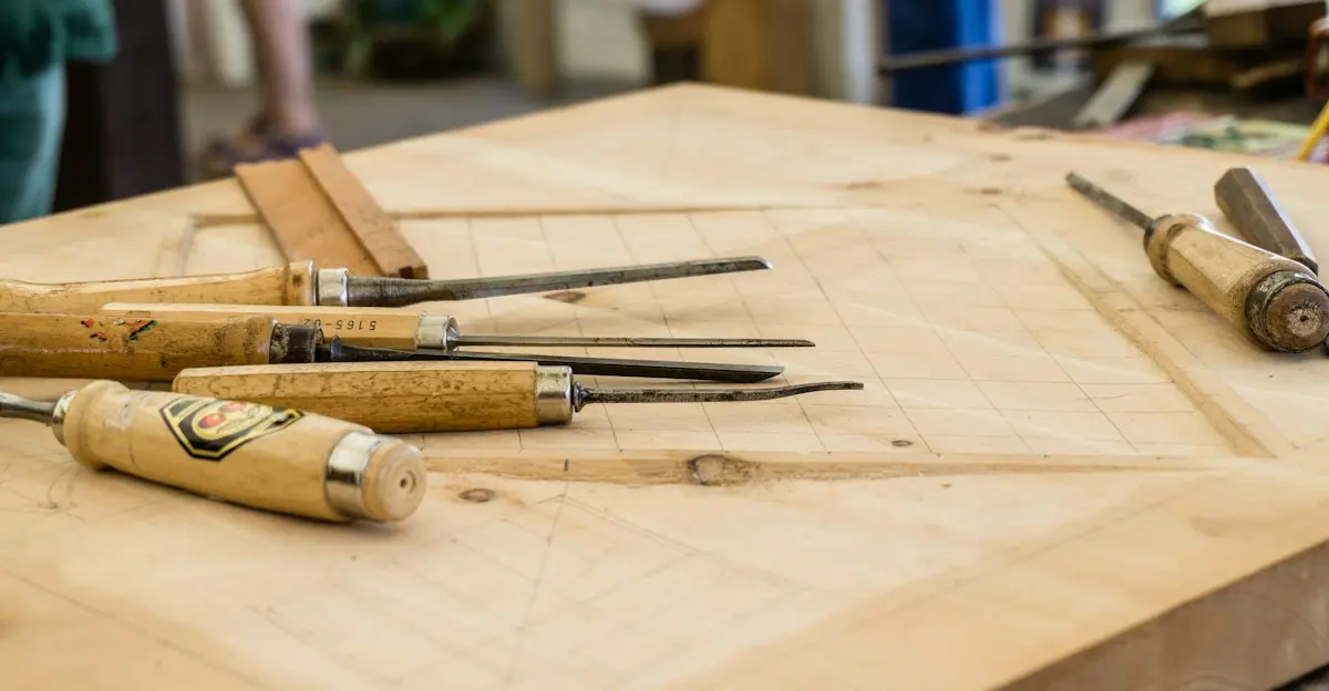 Ciseaux à bois posés sur une planche tracée