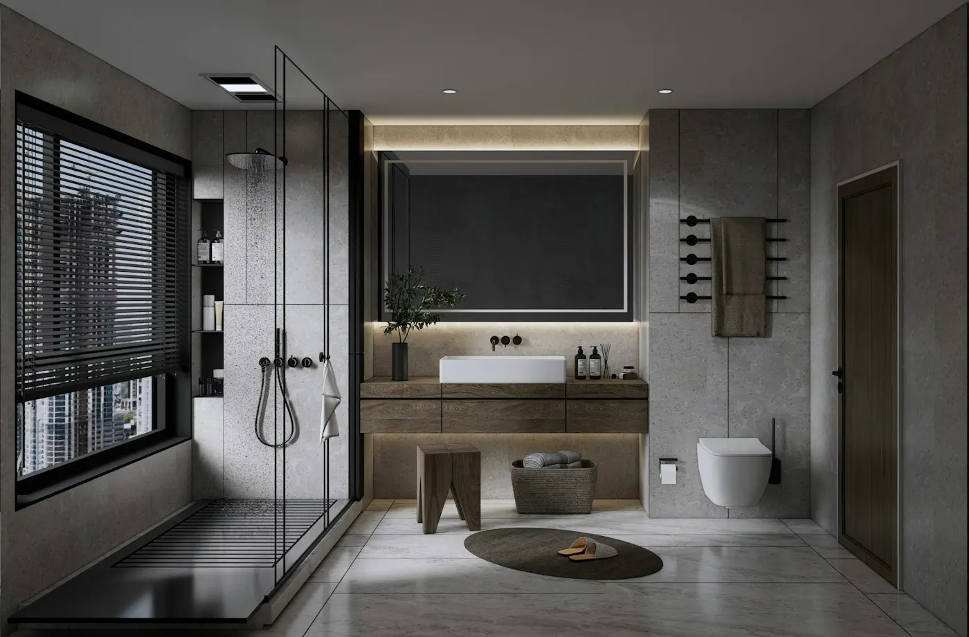 Douche à l’italienne avec paroi en verre et vasque
