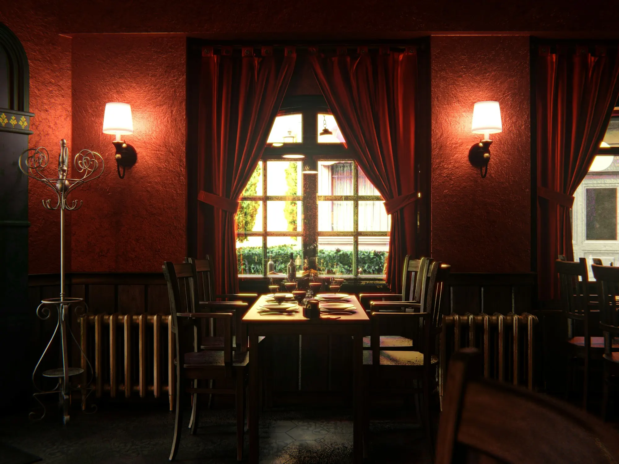 Salle de restaurant aux murs rouges, tables dressées et lumière du soir