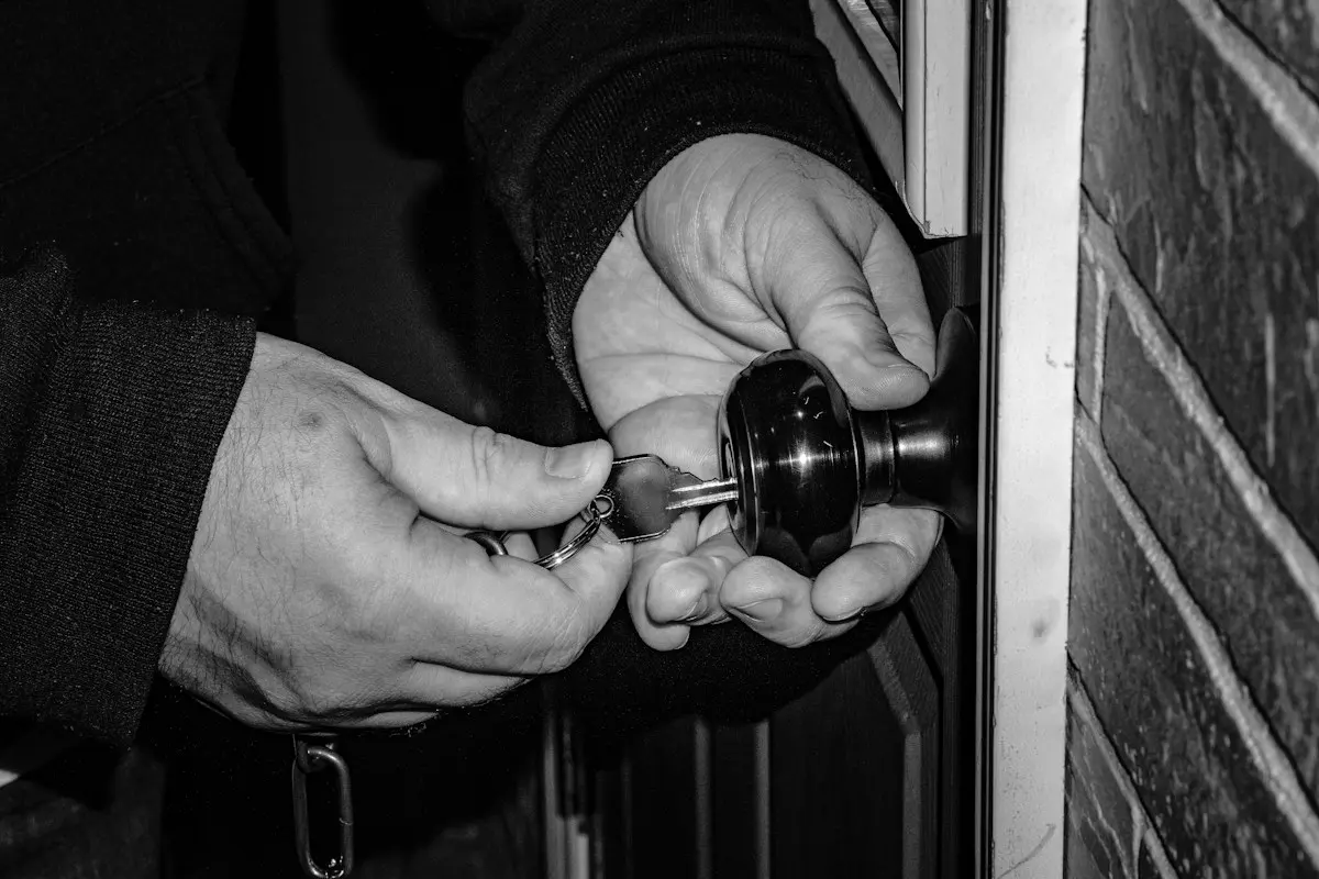Mains tournant une clé dans une poignée de porte, en noir et blanc