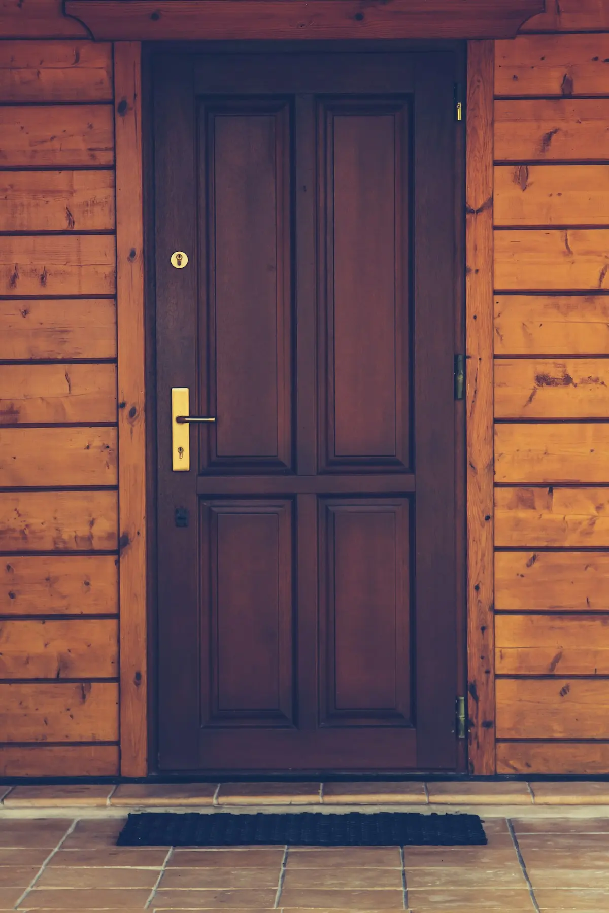 Porte d’entrée en bois foncé avec une serrure en laiton